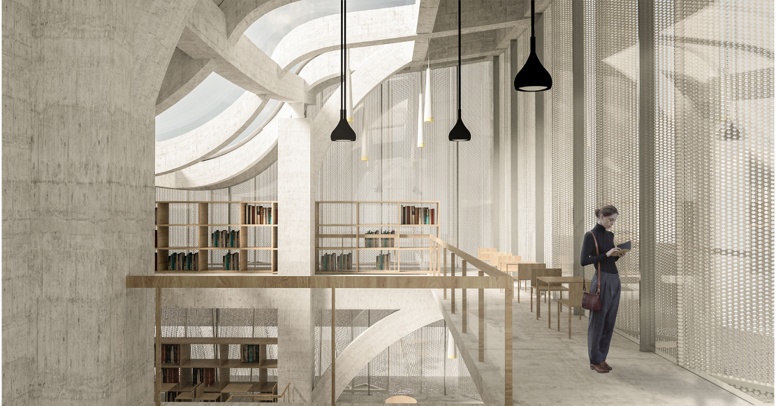 Filtered daylight creates a calm reading environment beneath the canopy.