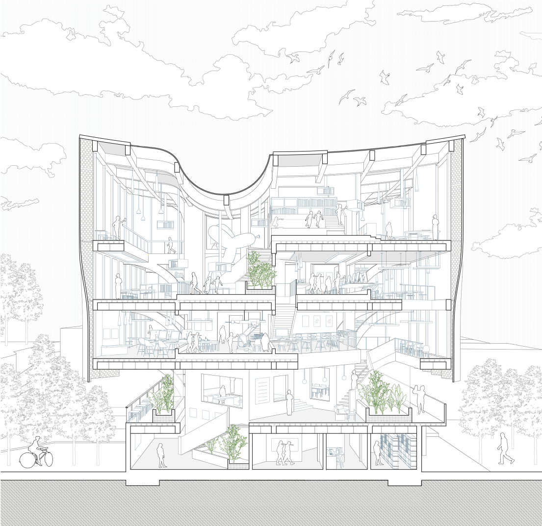 Sectional drawing showing overlapping floors, courtyards, and social spaces.