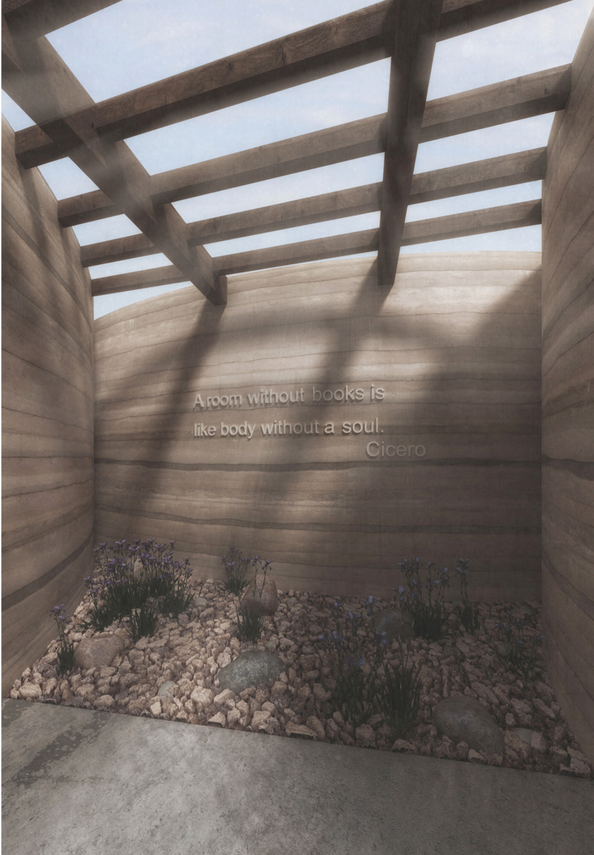 A sunlit contemplative garden creates a calm pause within the library journey.