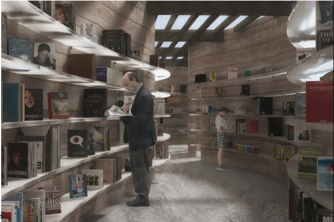 Curved bookshelves and skylights shape an immersive, naturally lit reading space.