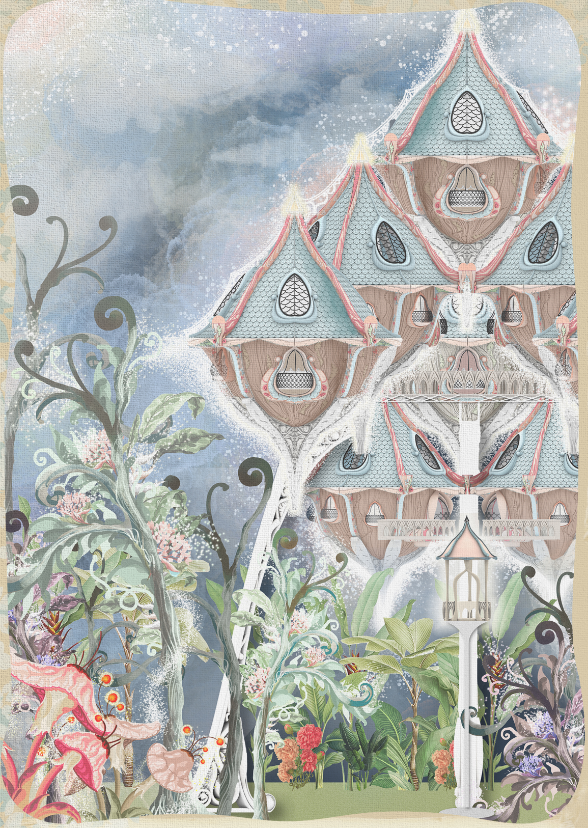 Grandmother’s elevated house rises above the forest as a luminous landmark and guiding destination.