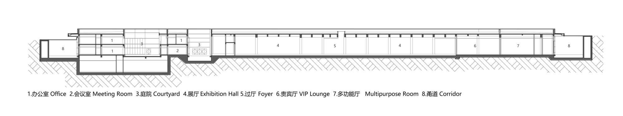 Floor plan drawing showing a linear arrangement of gallery spaces with a central courtyard