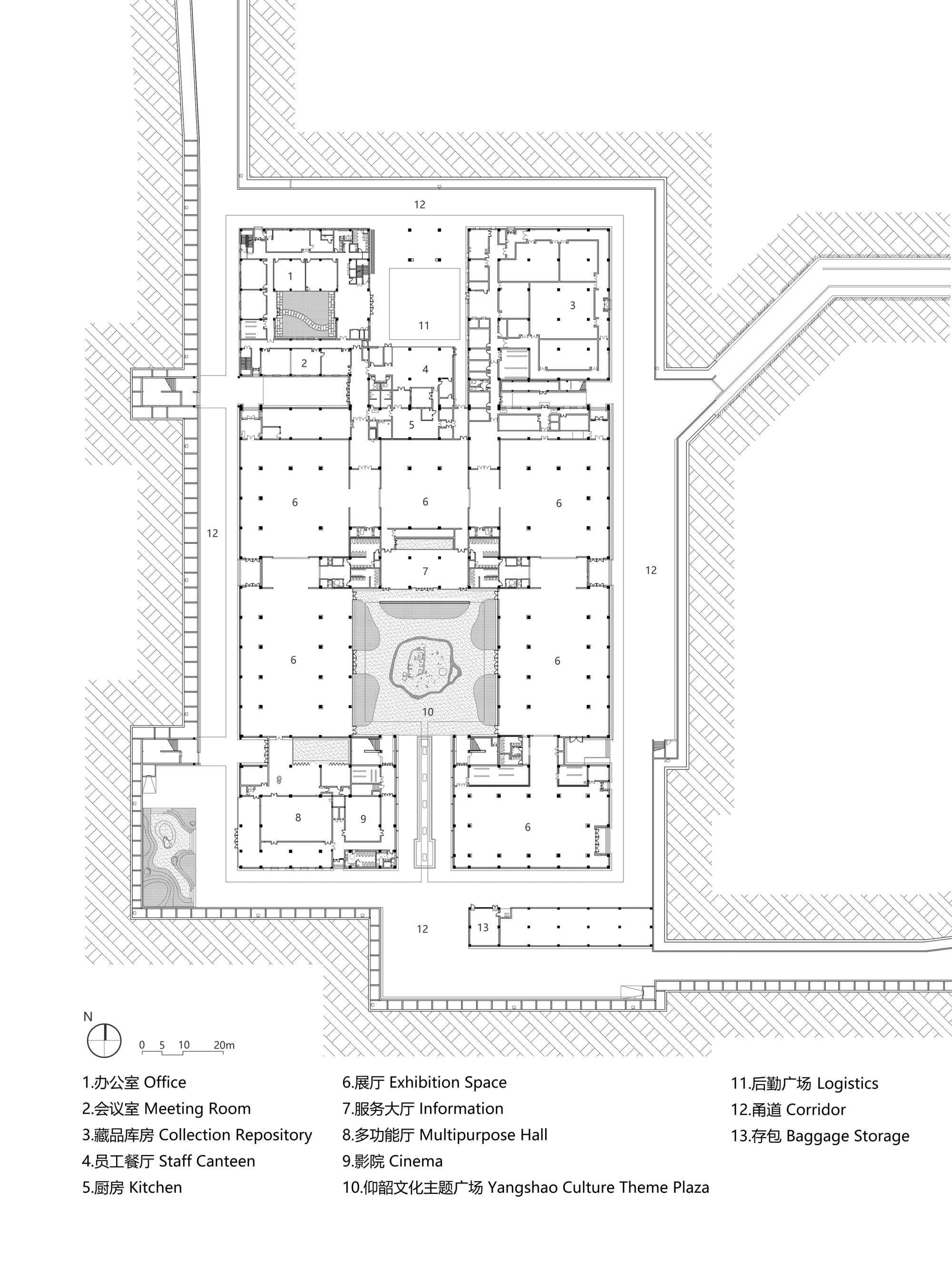 Site plan drawing depicting a symmetrical courtyard complex with central plaza and surrounding structures