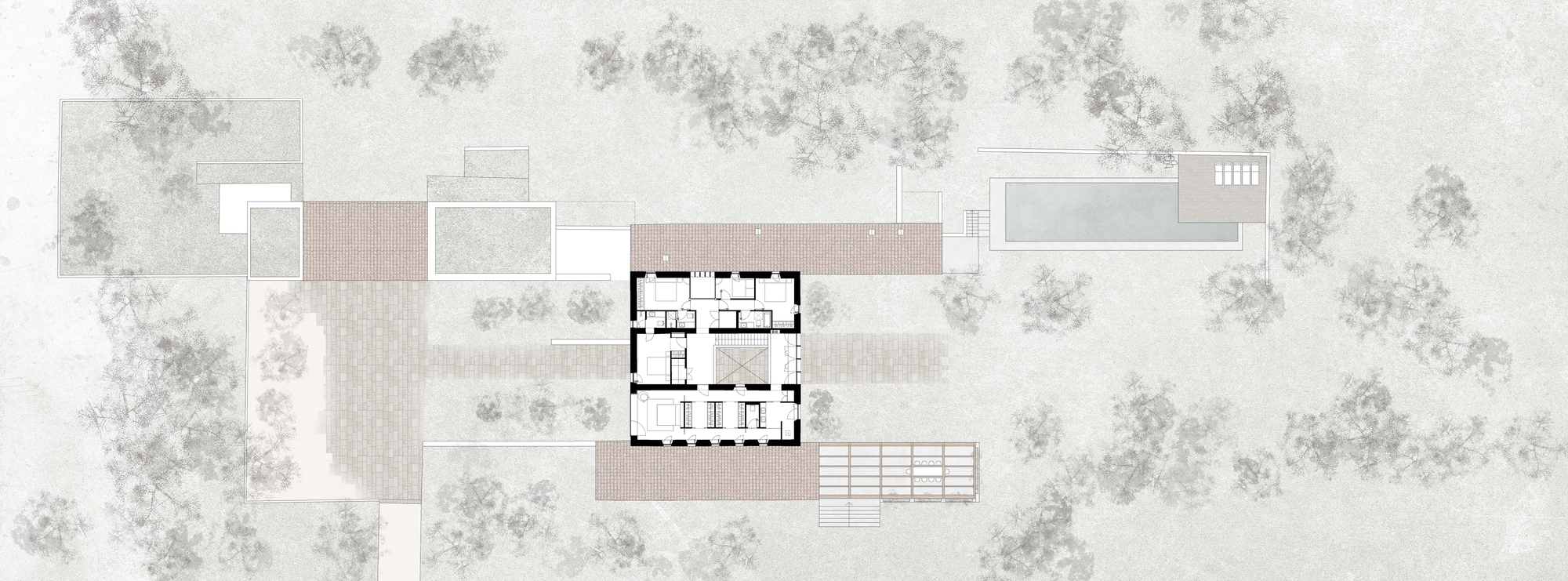 Site plan drawing depicting the roof layout with brick surfaces and pergola structures among scattered trees