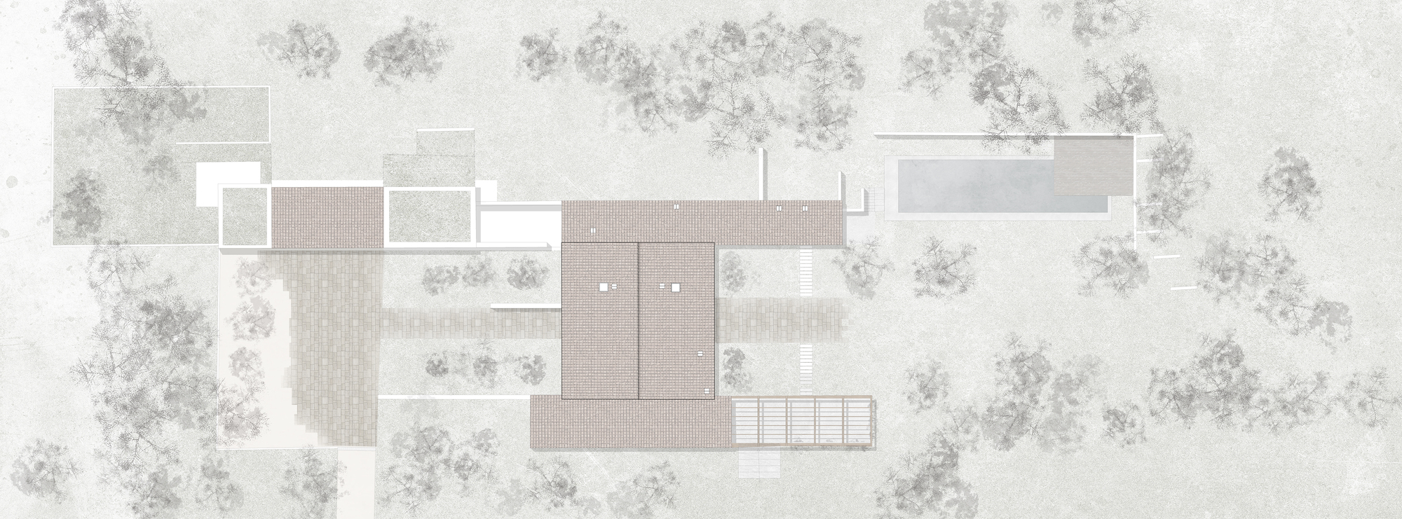 Site plan drawing illustrating the roofscape with courtyards and slatted overhead elements in the landscape