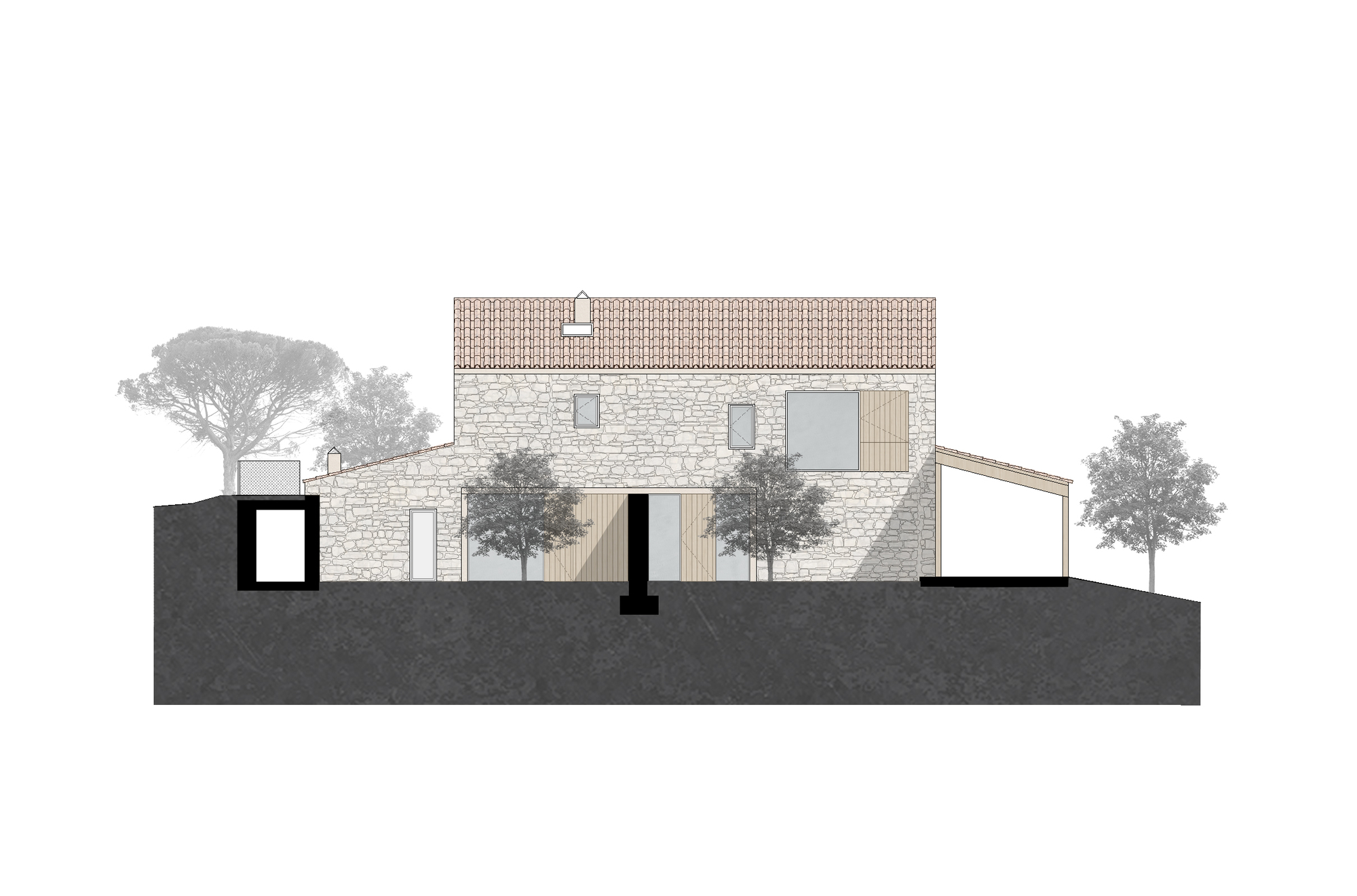 Elevation drawing of a stone residence with terra cotta tile roof and timber cladding among mature trees