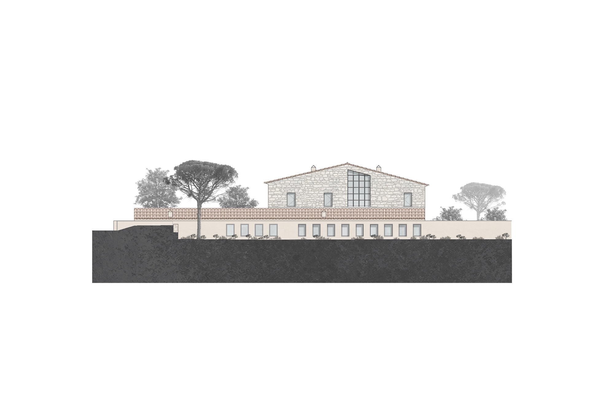 Elevation drawing showing a two-story stone building with arched colonnade and symmetrical window openings flanked by umbrella pines
