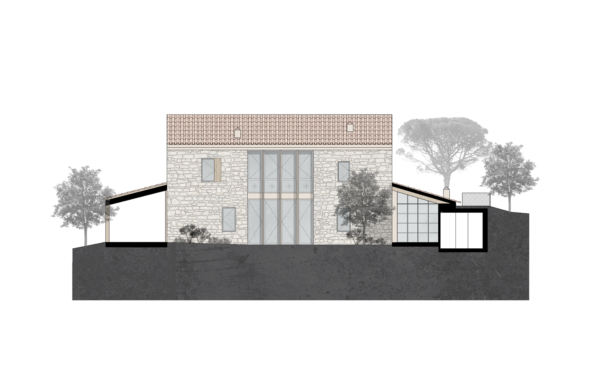 Section drawing revealing a stone barn with tall glazed opening and angular roof extensions connecting to lower volumes