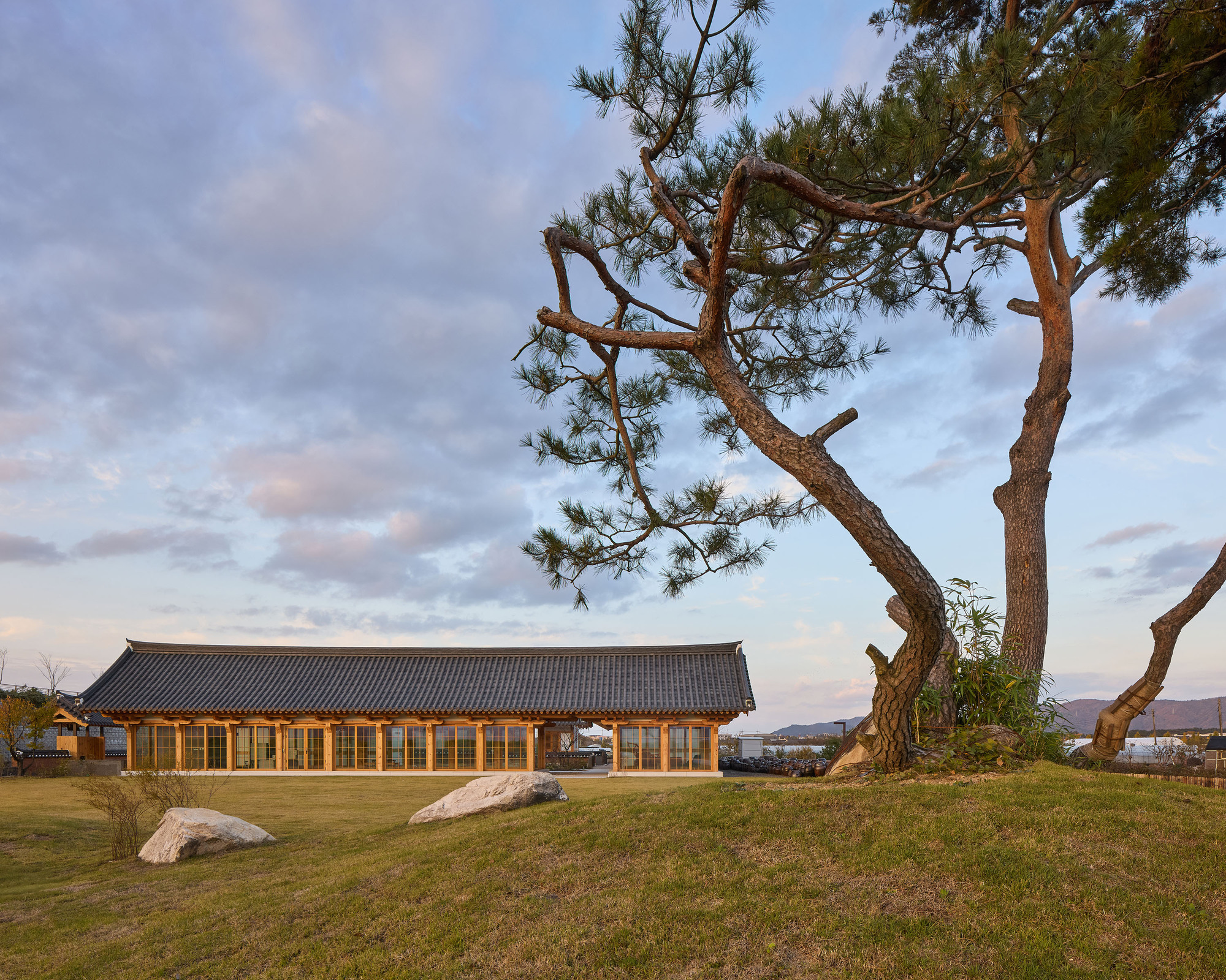 Long timber pavilion with tiled roof beneath pine trees on a grassy slope at dusk