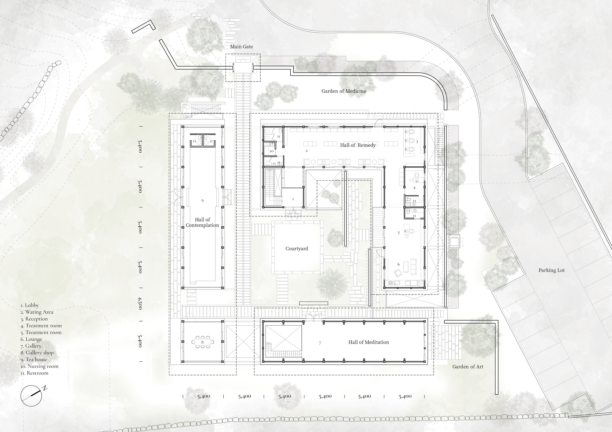 Floor plan drawing showing halls arranged around a central courtyard with gardens