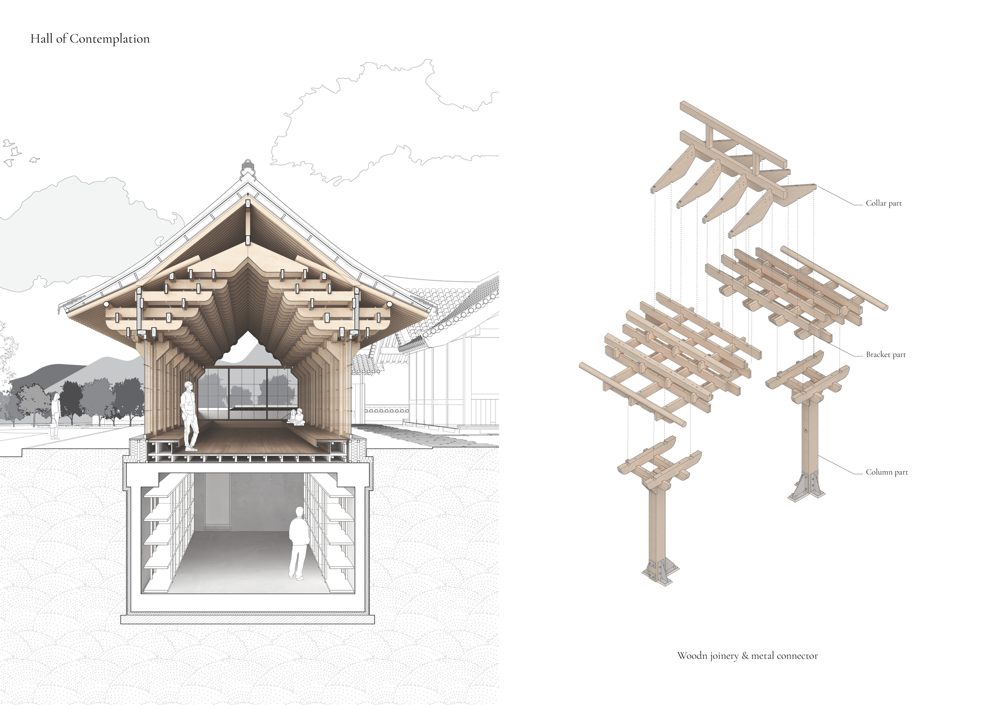 Section drawing and axonometric diagram showing timber joinery and roof bracket assembly