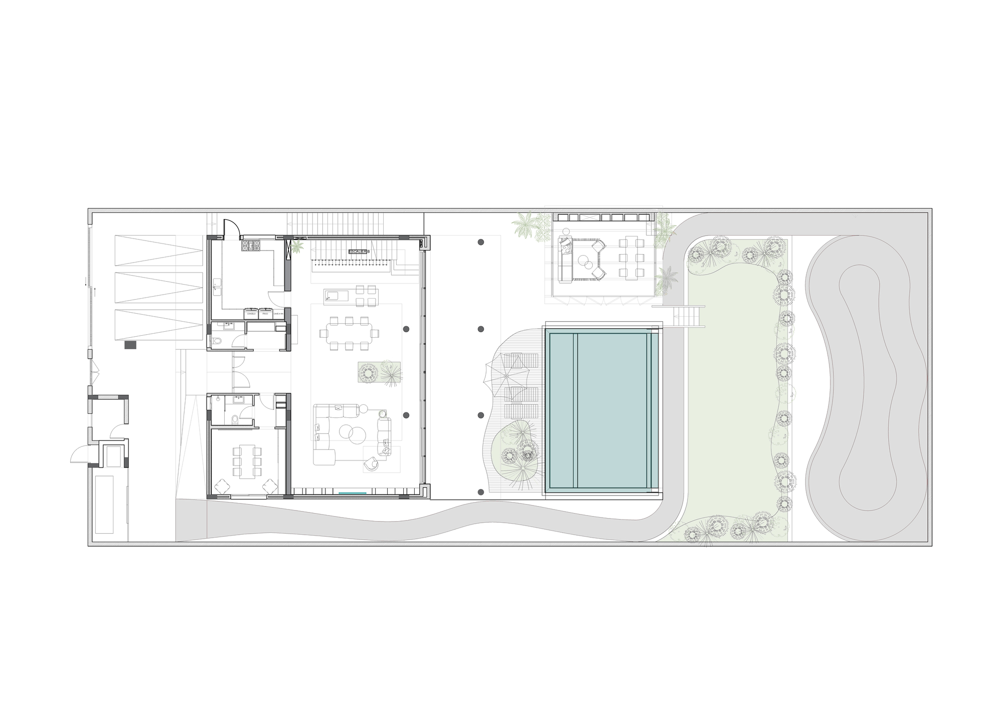 Ground floor plan showing interior rooms, central pool, planted courtyard, and curved skate bowl