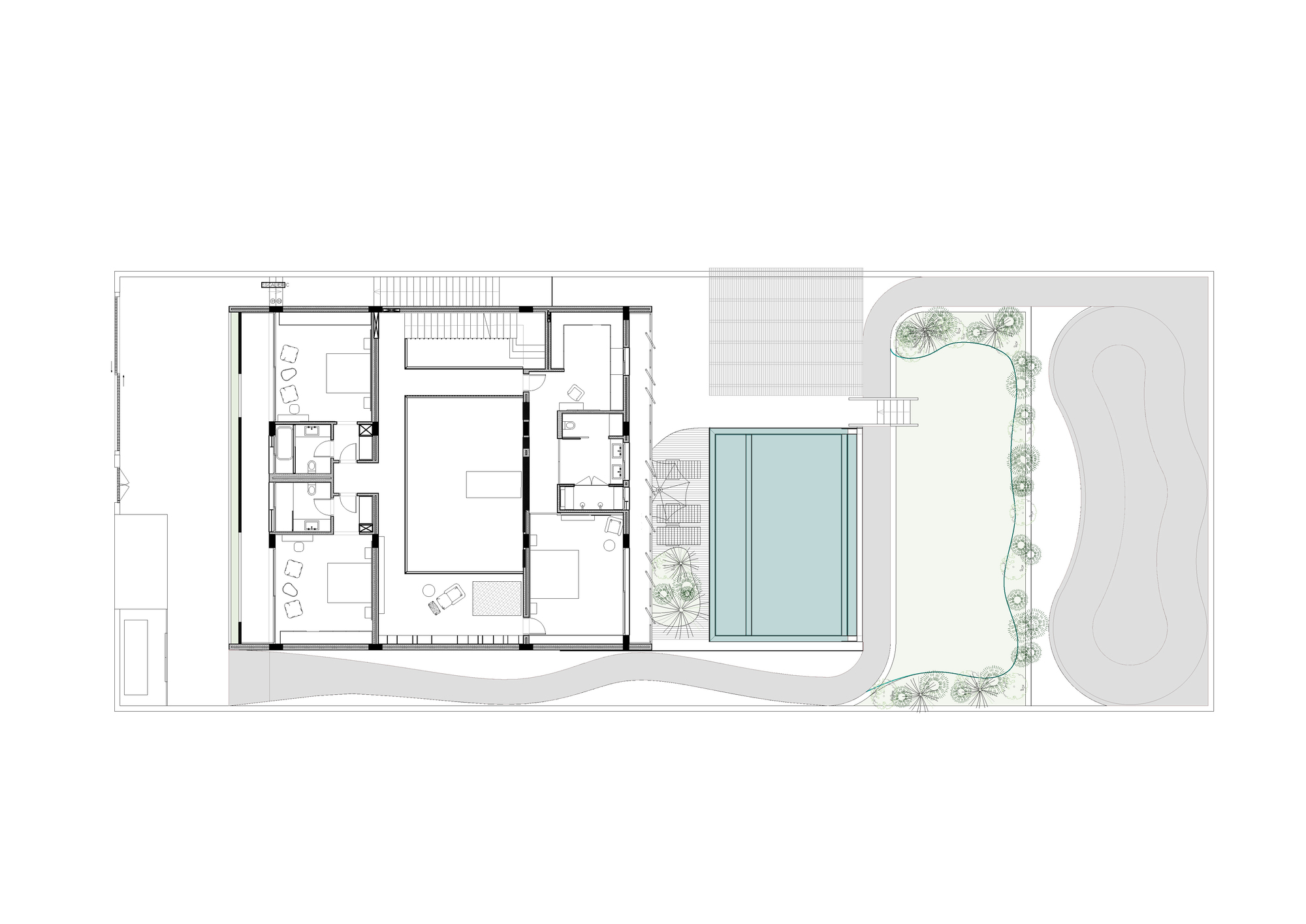 Upper floor plan showing enclosed spaces, pool, curved skate bowl, and landscaped planted edges