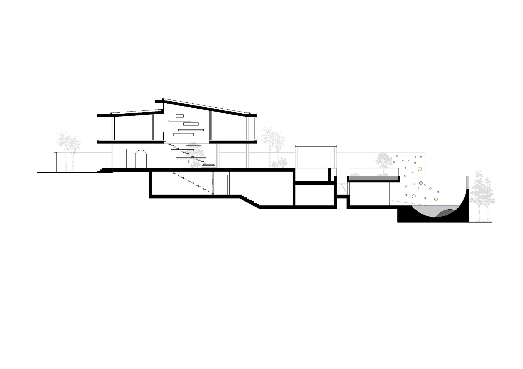 Section drawing showing split-level volumes, staircase, pool deck, skate bowl, and palm trees