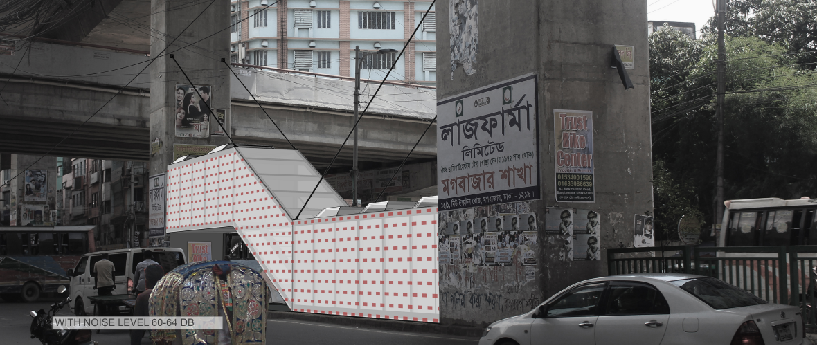 The public facility beneath the flyover with a lighter façade at 60–64 dB.
