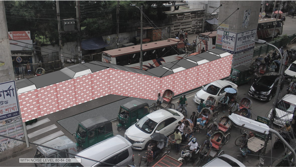 Elevated view of the intervention responding to severe traffic noise of 80–84 dB.