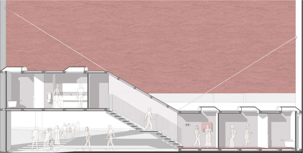 Sectional perspective illustrating circulation, public toilets and the suspended structural system.