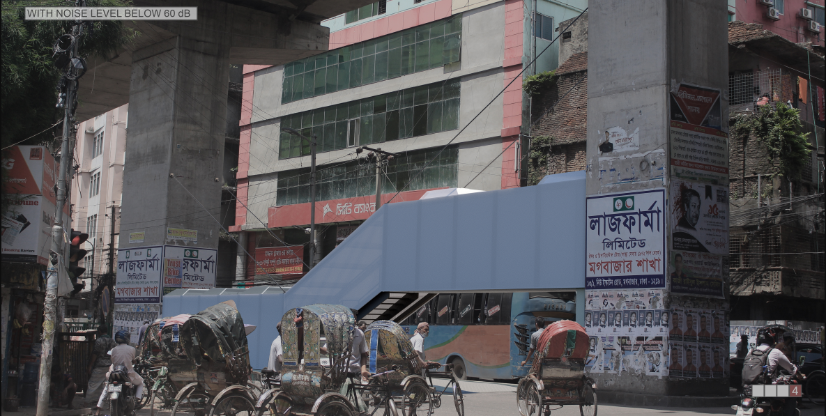 The façade remains pale and translucent when surrounding noise levels fall below 60 dB.