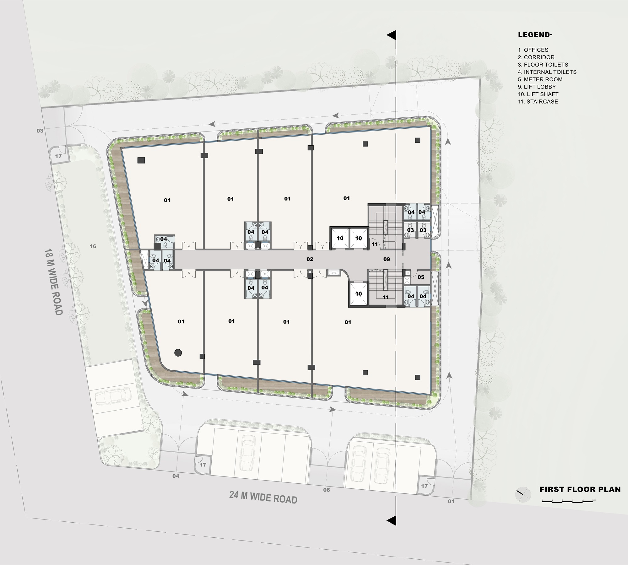First floor plan drawing showing office spaces arranged around a central core with perimeter planting