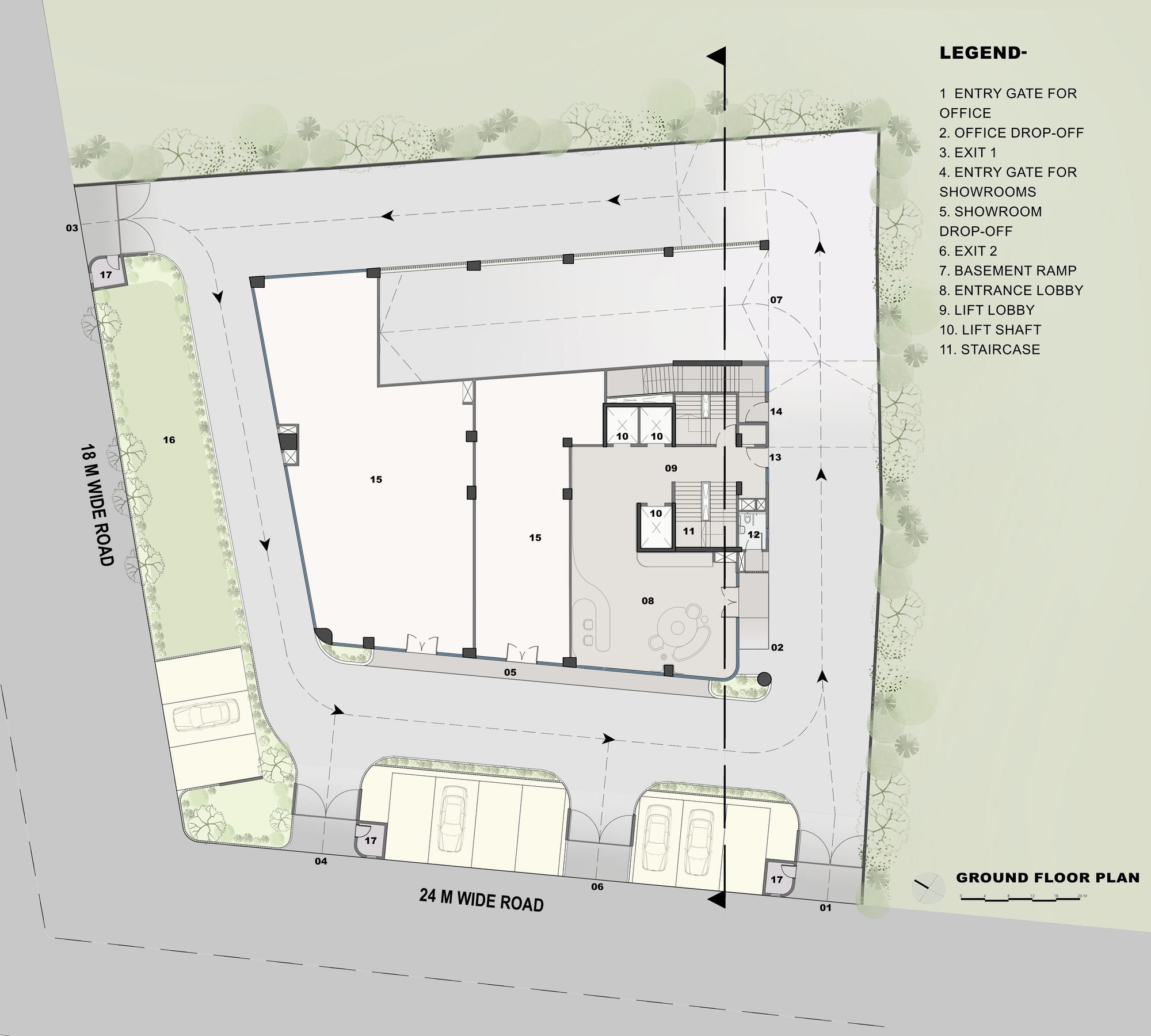 Ground floor plan drawing showing entry gates, showrooms, basement ramp and circulation routes with landscape buffer