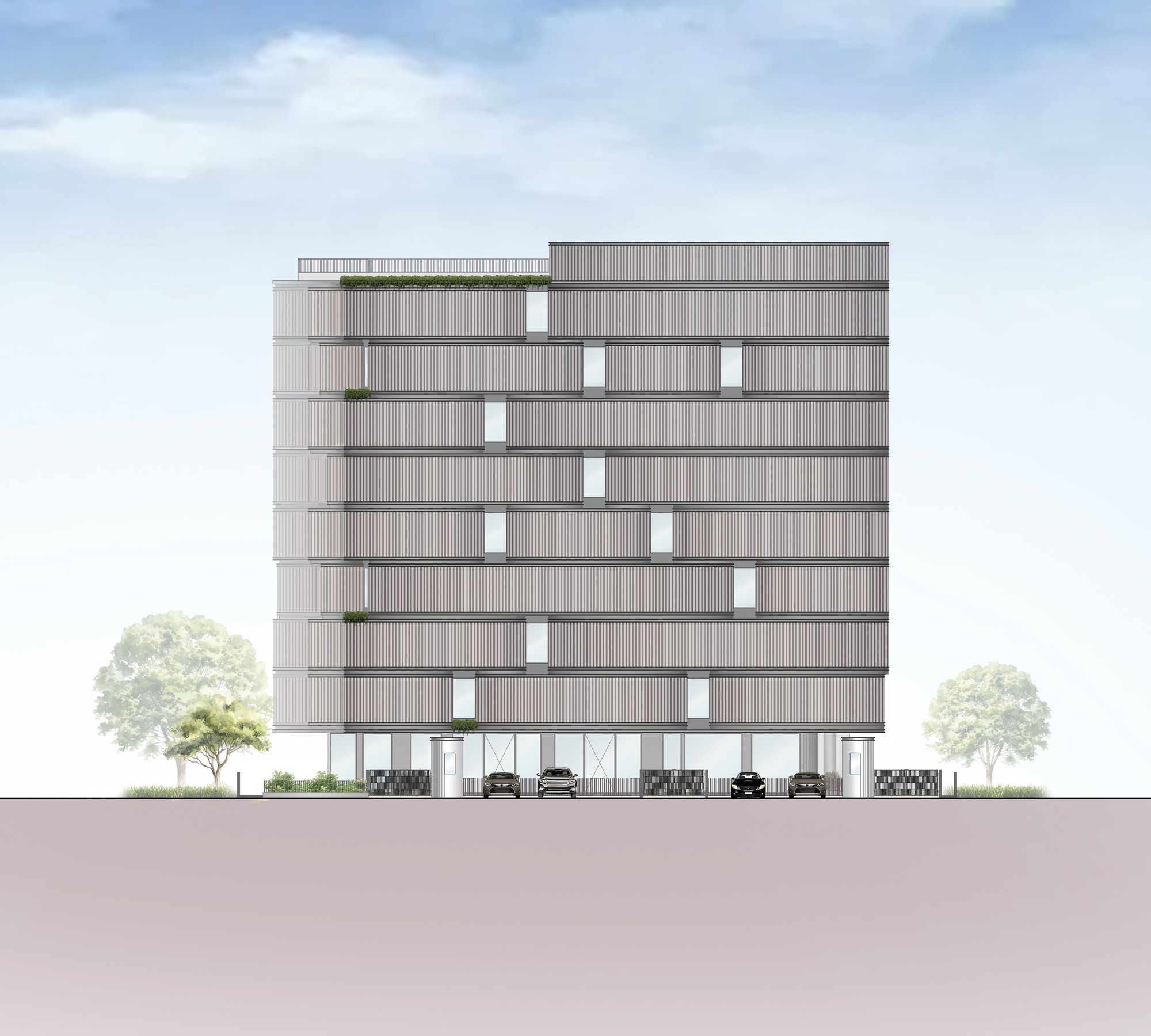 Elevation drawing of a multi-storey residential building with vertical louvred facade and ground-level parking