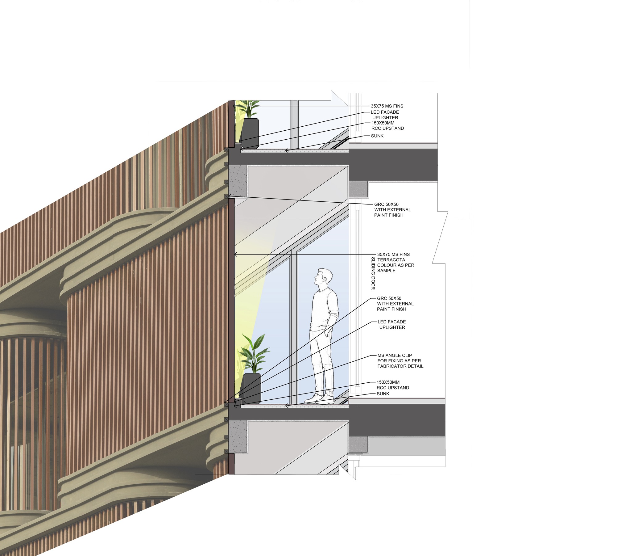 Section detail drawing showing balcony assembly with vertical timber slats and glazed enclosure with annotations