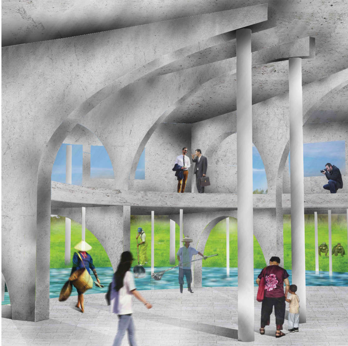 Open aquaculture spaces merge public learning with shrimp farming beneath sculptural concrete arches.