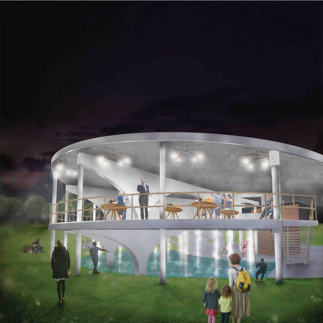 An illuminated restaurant overlooks the productive landscape, connecting dining with the aquaculture experience.