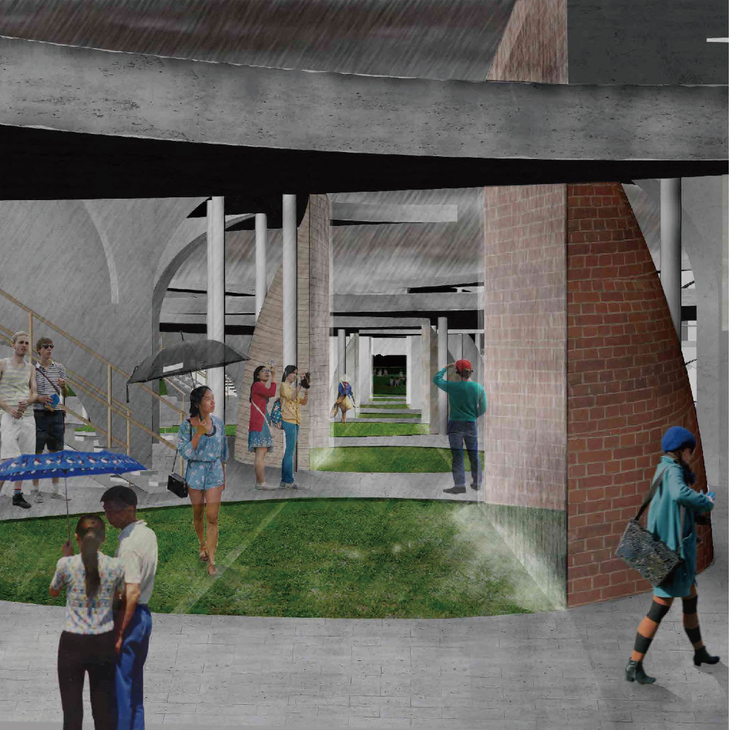 Rain transforms the marketplace, revealing sheltered circulation and climate-responsive public spaces