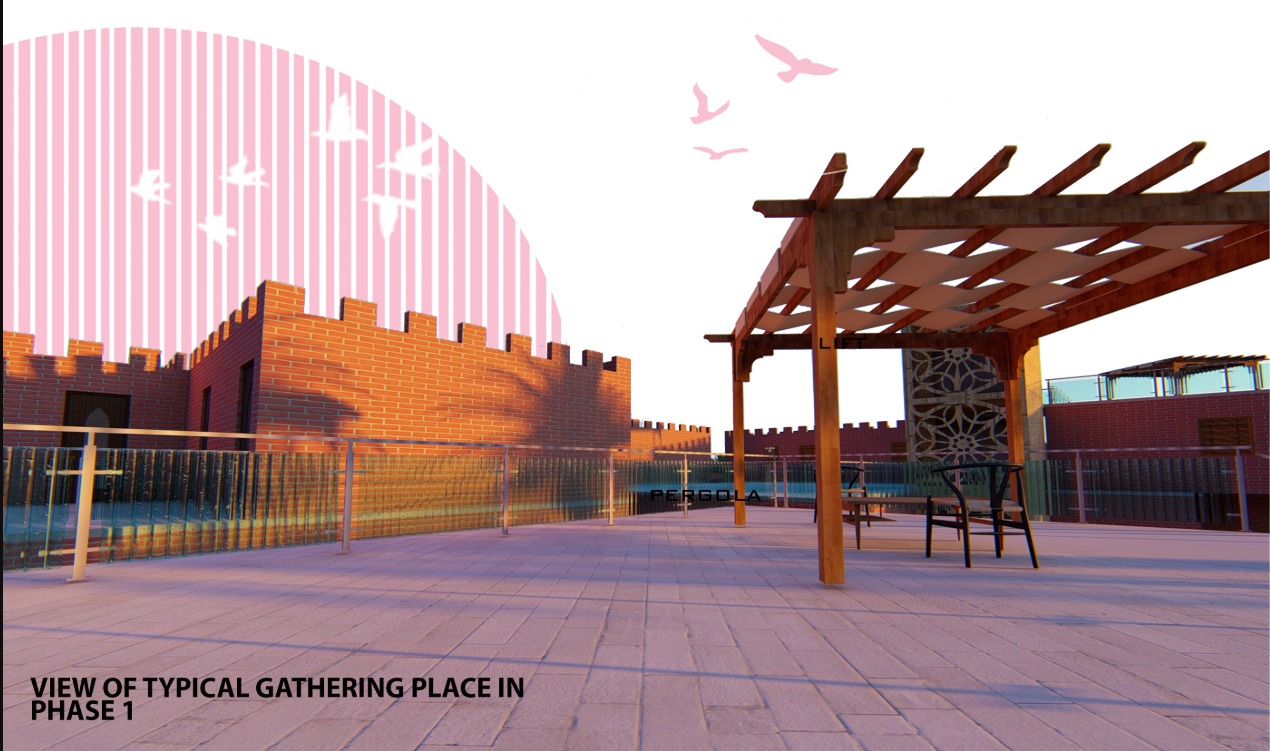 Shared gathering terrace with pergola and brick-built senior residences