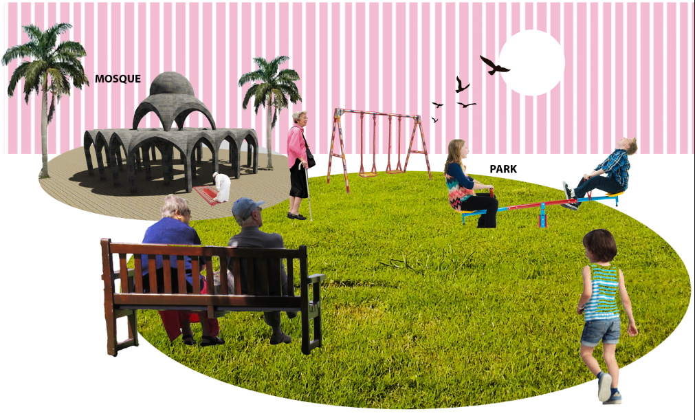Intergenerational park and mosque creating space for recreation, worship, and community interaction