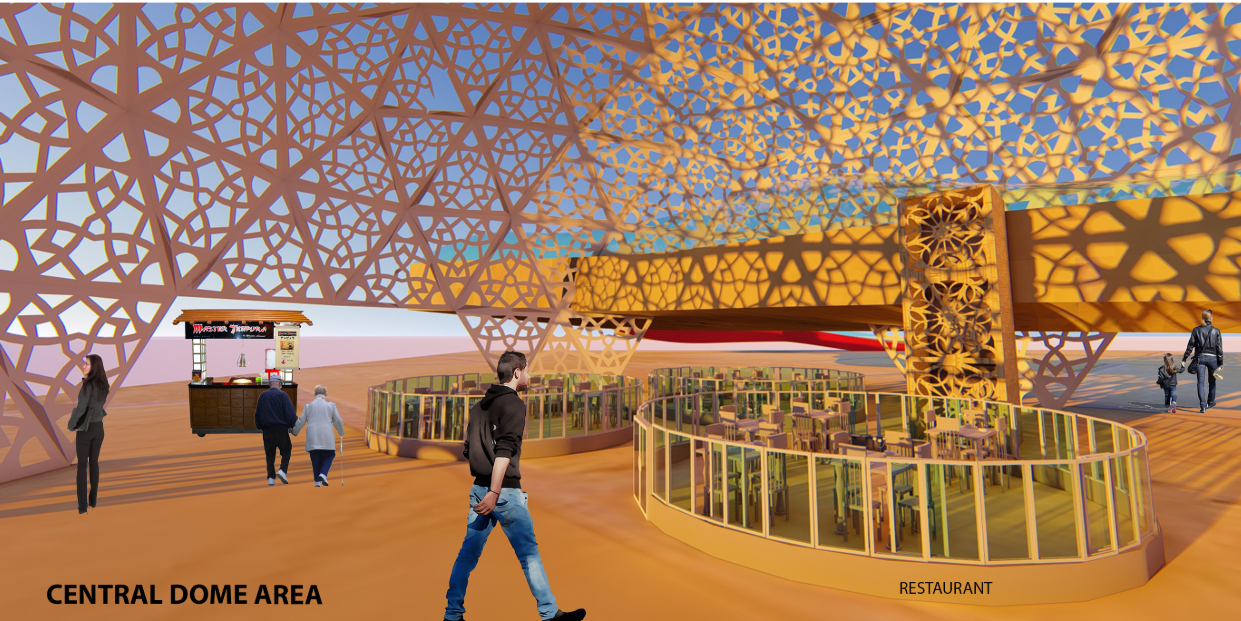 Central dome area with shaded gathering spaces, restaurants, and patterned architectural screens