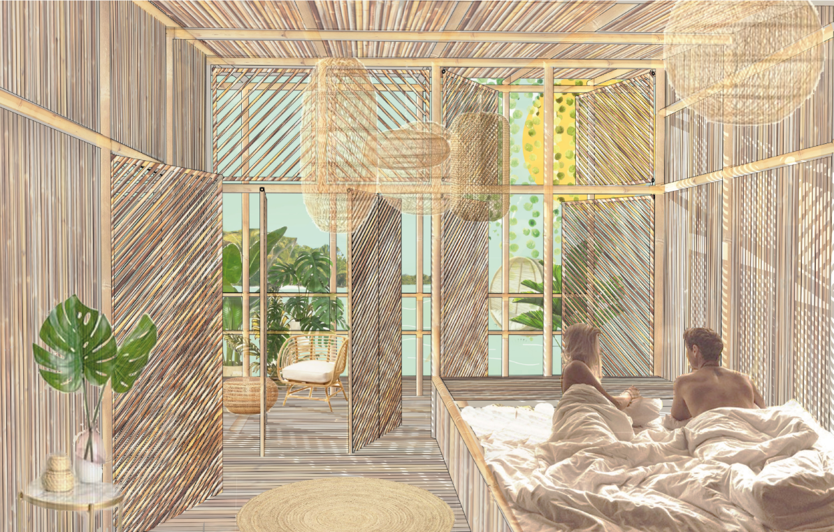 Bamboo interiors use filtered light, natural ventilation, and adjustable screens to create a calm tropical retreat.