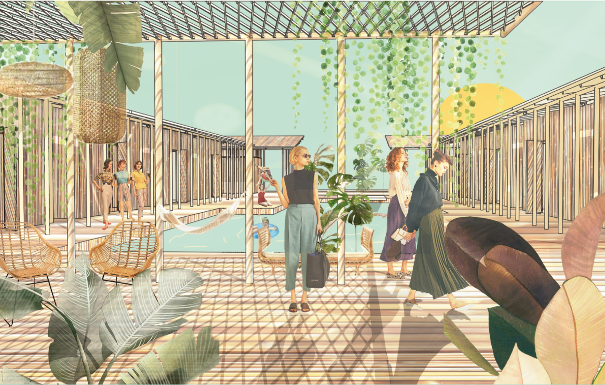 Open communal spaces connect shaded terraces, lush planting, and water-based circulation across the floating eco-lodge.