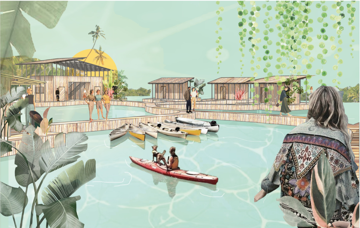 Floating accommodation clusters form an interconnected landscape of bamboo structures, waterways, and shared social spaces.