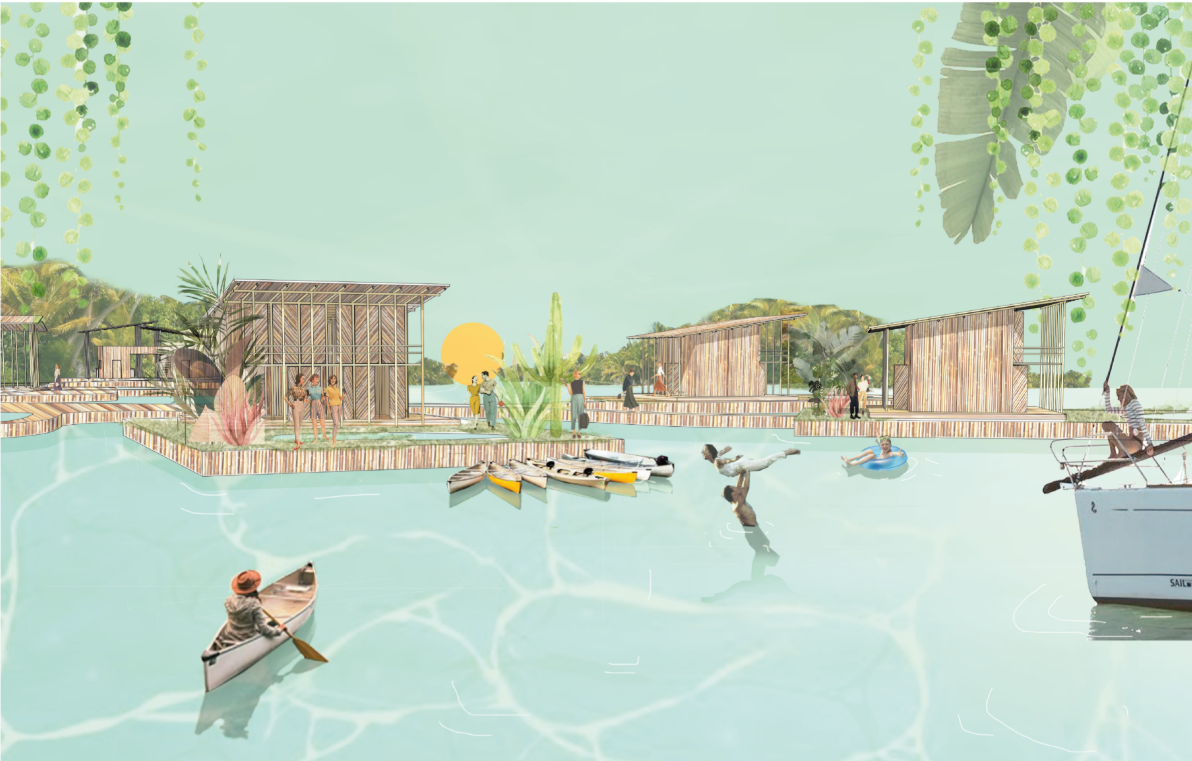 Lightweight island dwellings support swimming, boating, and direct interaction with the surrounding marine environment.