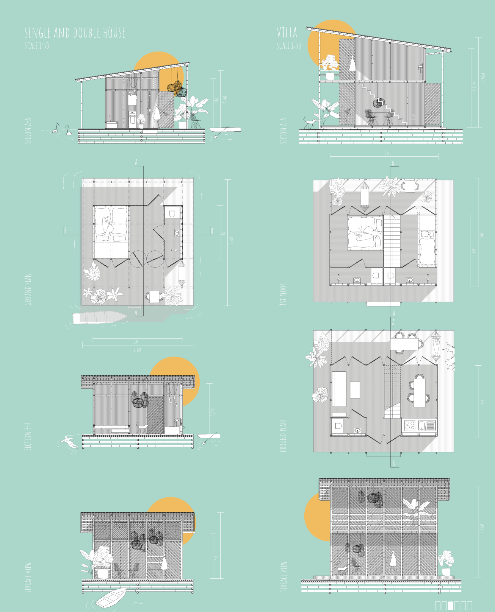 Plans and sections illustrate compact floating homes and villas designed with flexible layouts, private terraces, and bamboo facades.