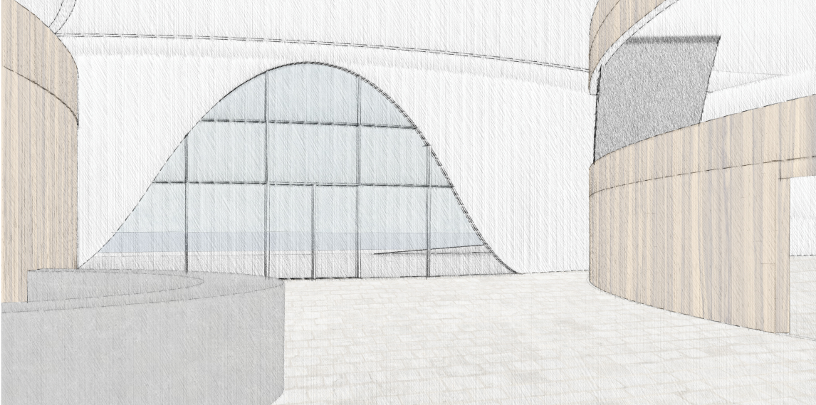 Curved foyer space creating a fluid connection between public areas and the sea