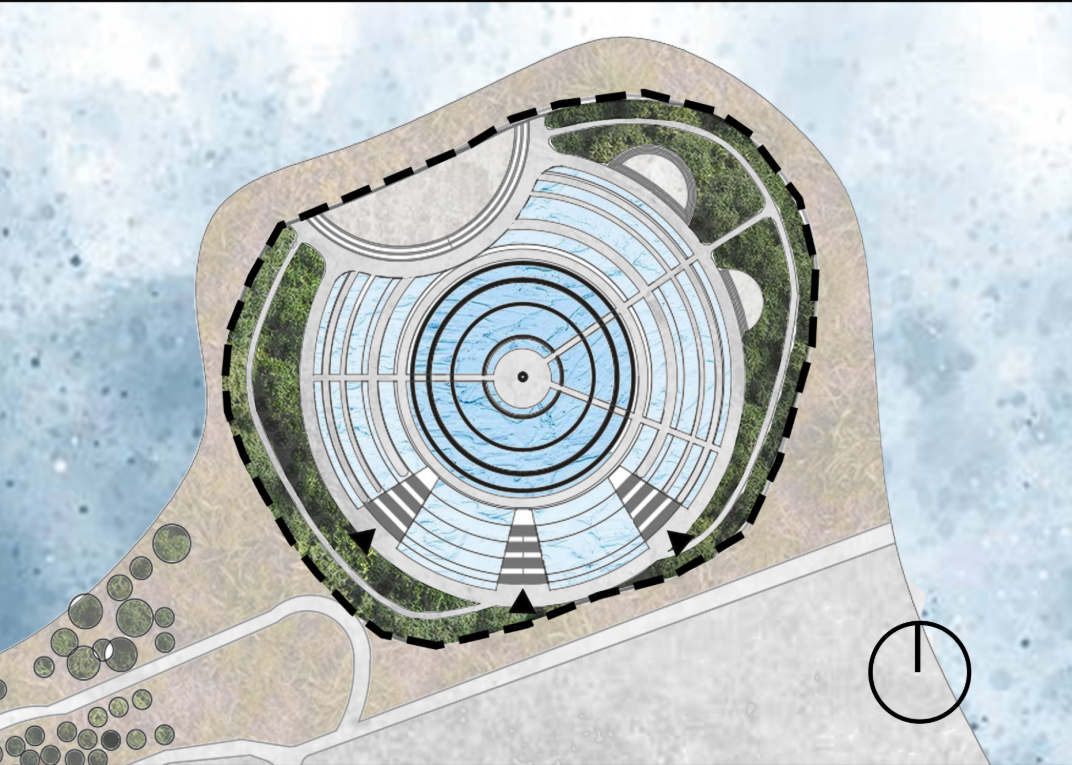 Site plan showing circular amphitheater rings surrounded by landscaped berms and planted edges