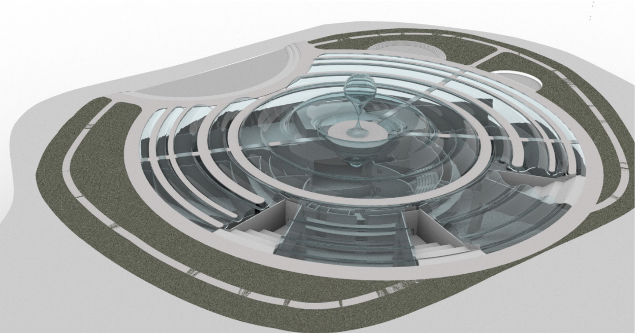 Axonometric view of concentric seating tiers and water features around a central glass sphere
