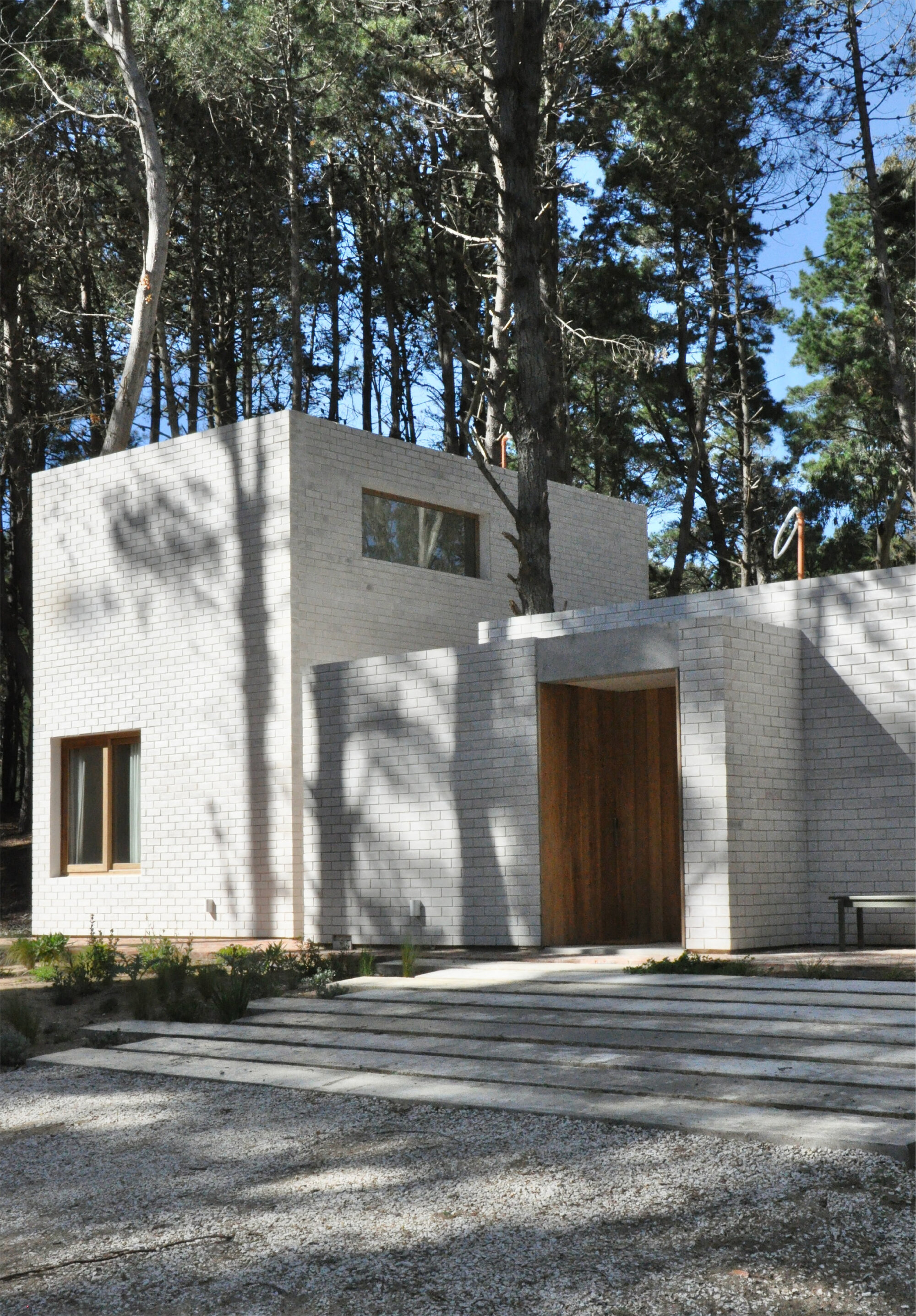 Entry facade with timber door, concrete steps, and dappled shadows from surrounding pines