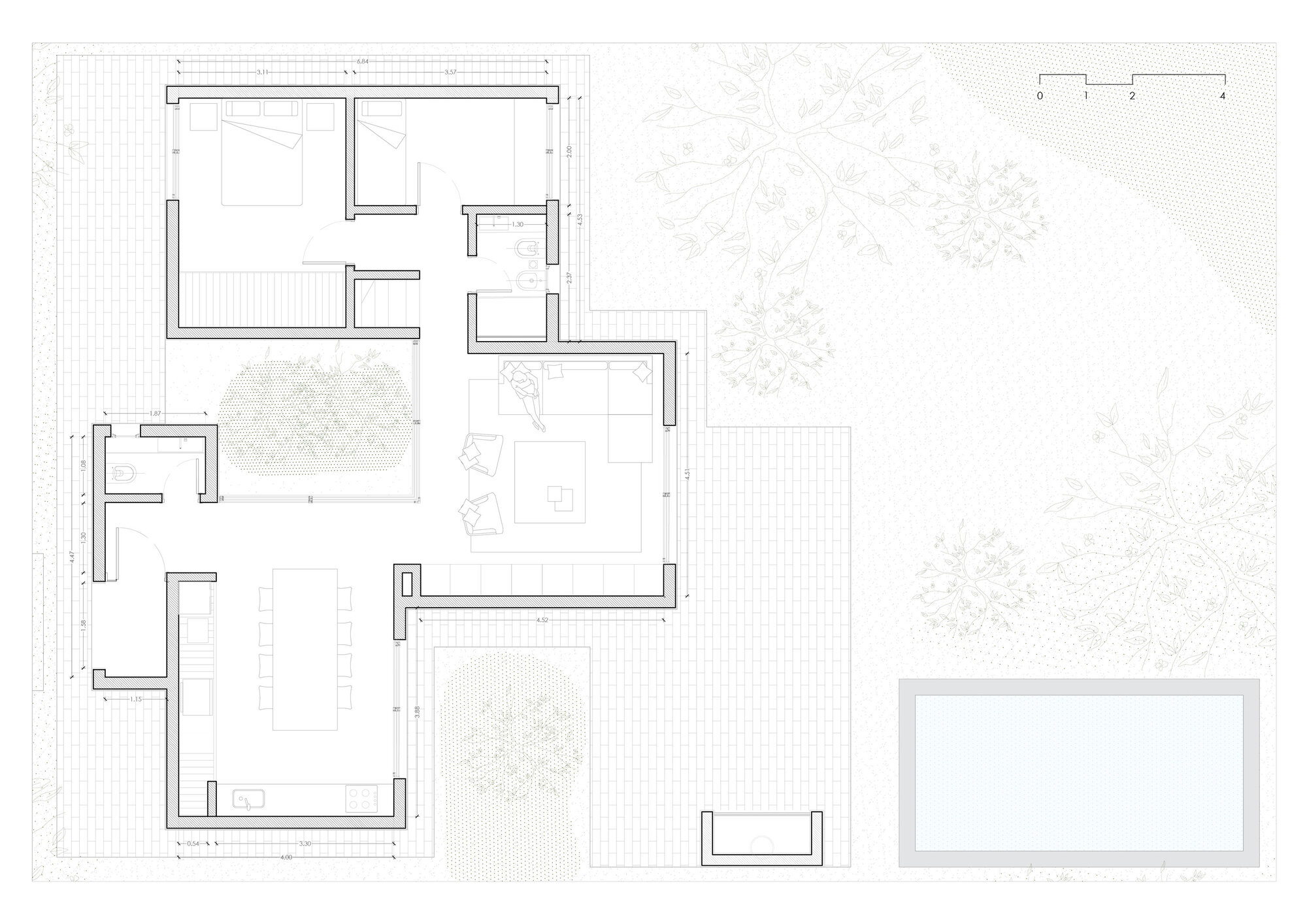 Floor plan drawing showing interconnected rooms with courtyards and a swimming pool