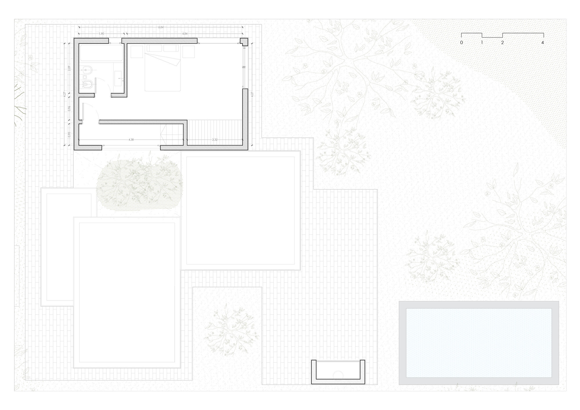 Floor plan drawing showing upper level with bedrooms and terraces surrounded by vegetation
