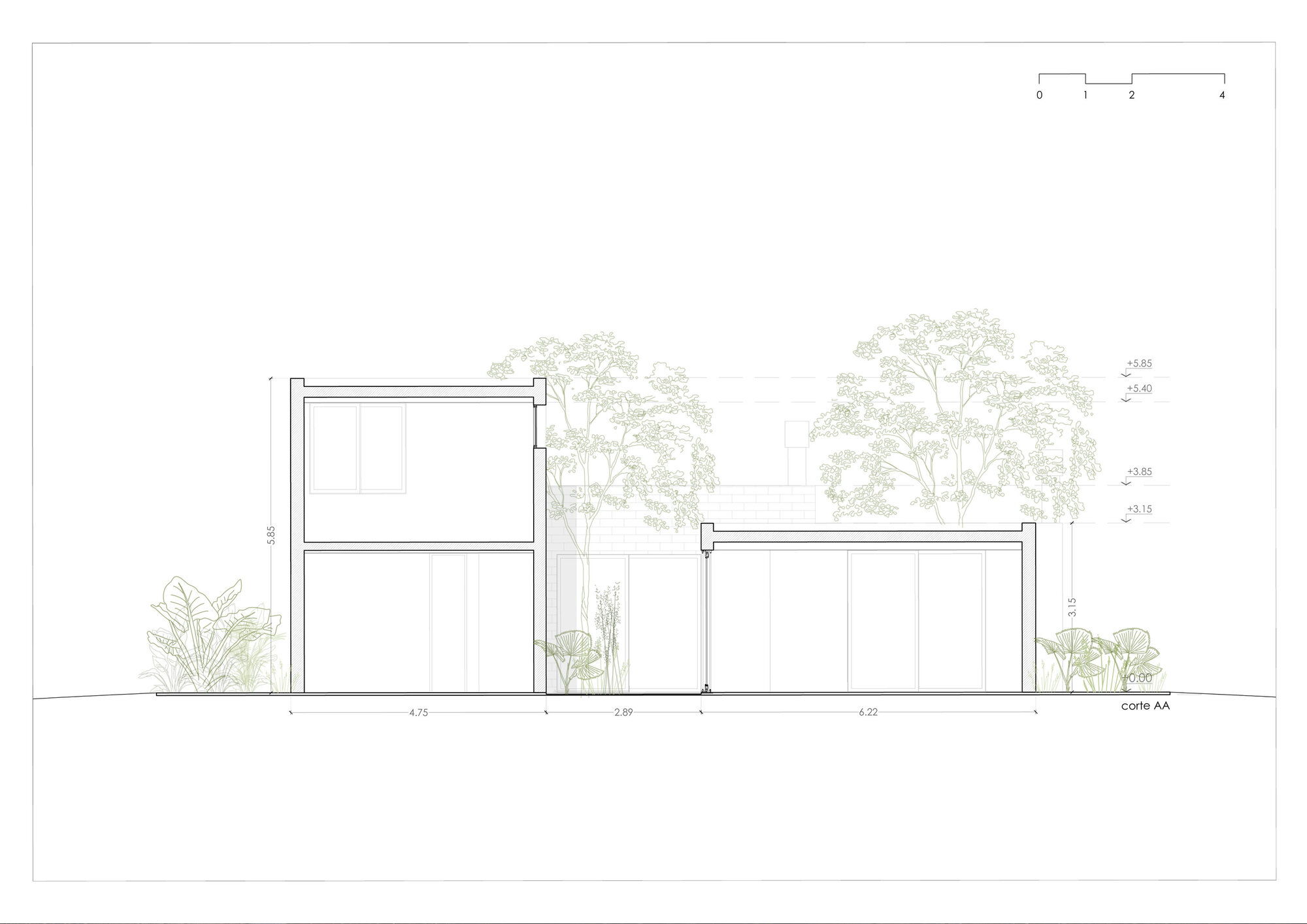 Elevation drawing showing two rectangular volumes separated by a planted gap with trees
