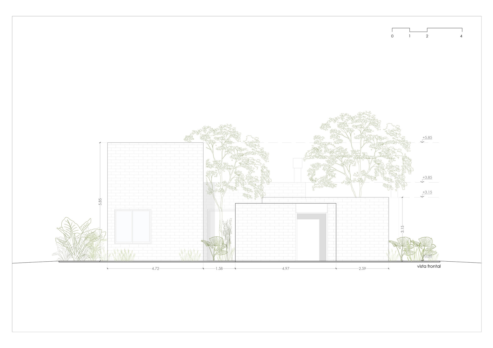 Elevation drawing showing brick volumes at varying heights with surrounding trees and planted shrubs