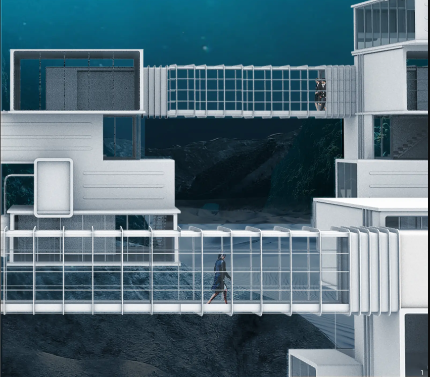 Aerial view of white multilevel terraces and glass-railed walkways with two figures crossing above dark water