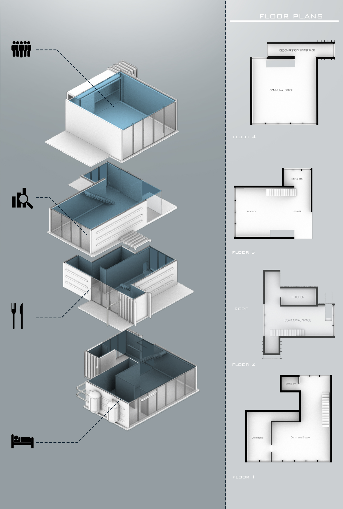Exploded axonometric and floor plan drawings showing four stacked residential levels with program icons
