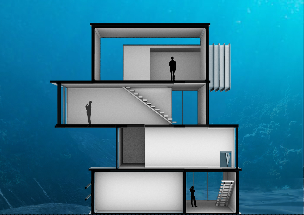 Section drawing showing four offset floors connected by an internal staircase with figures in each space