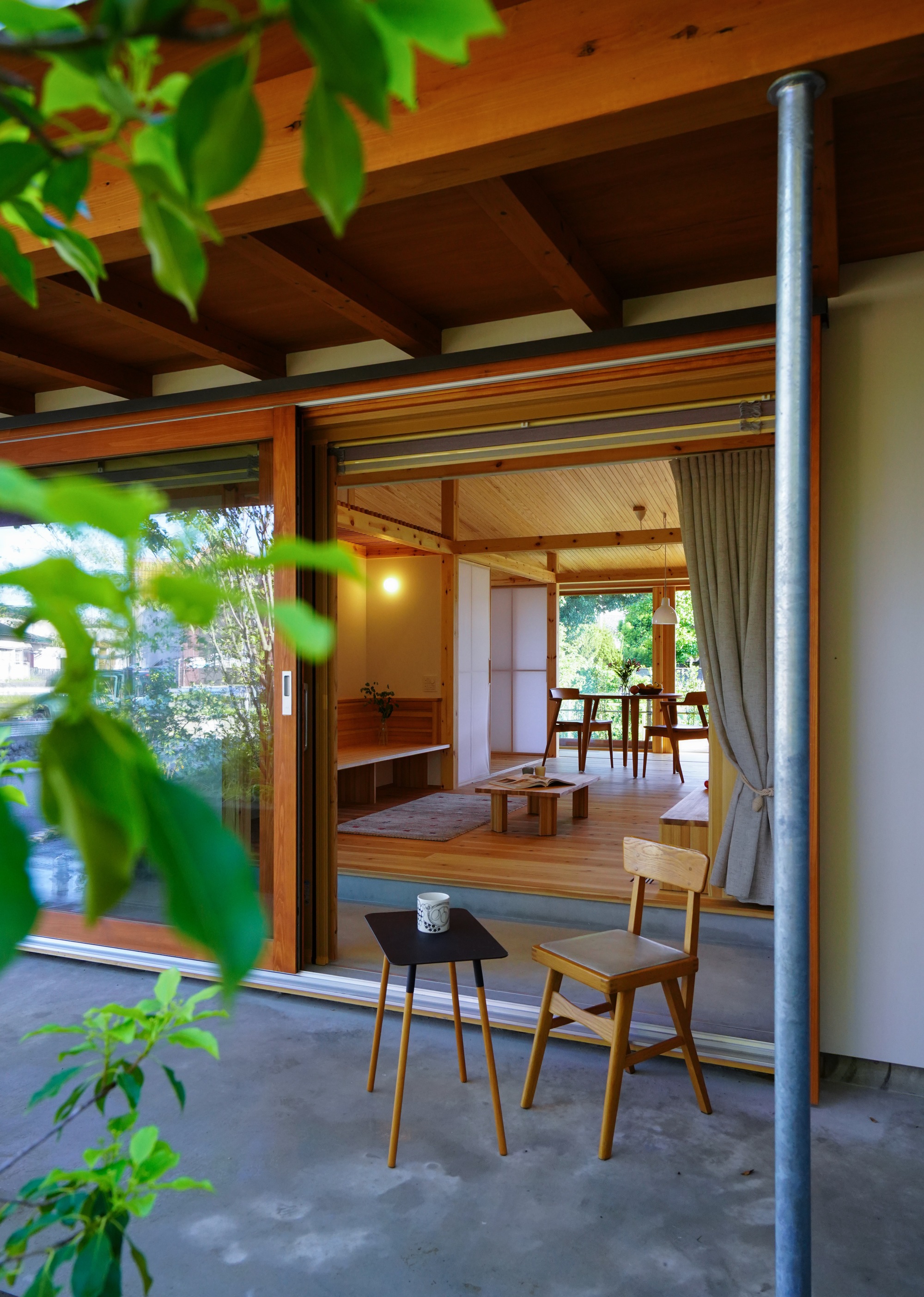 View from covered exterior terrace into living space with exposed timber beams and tree foliage framing