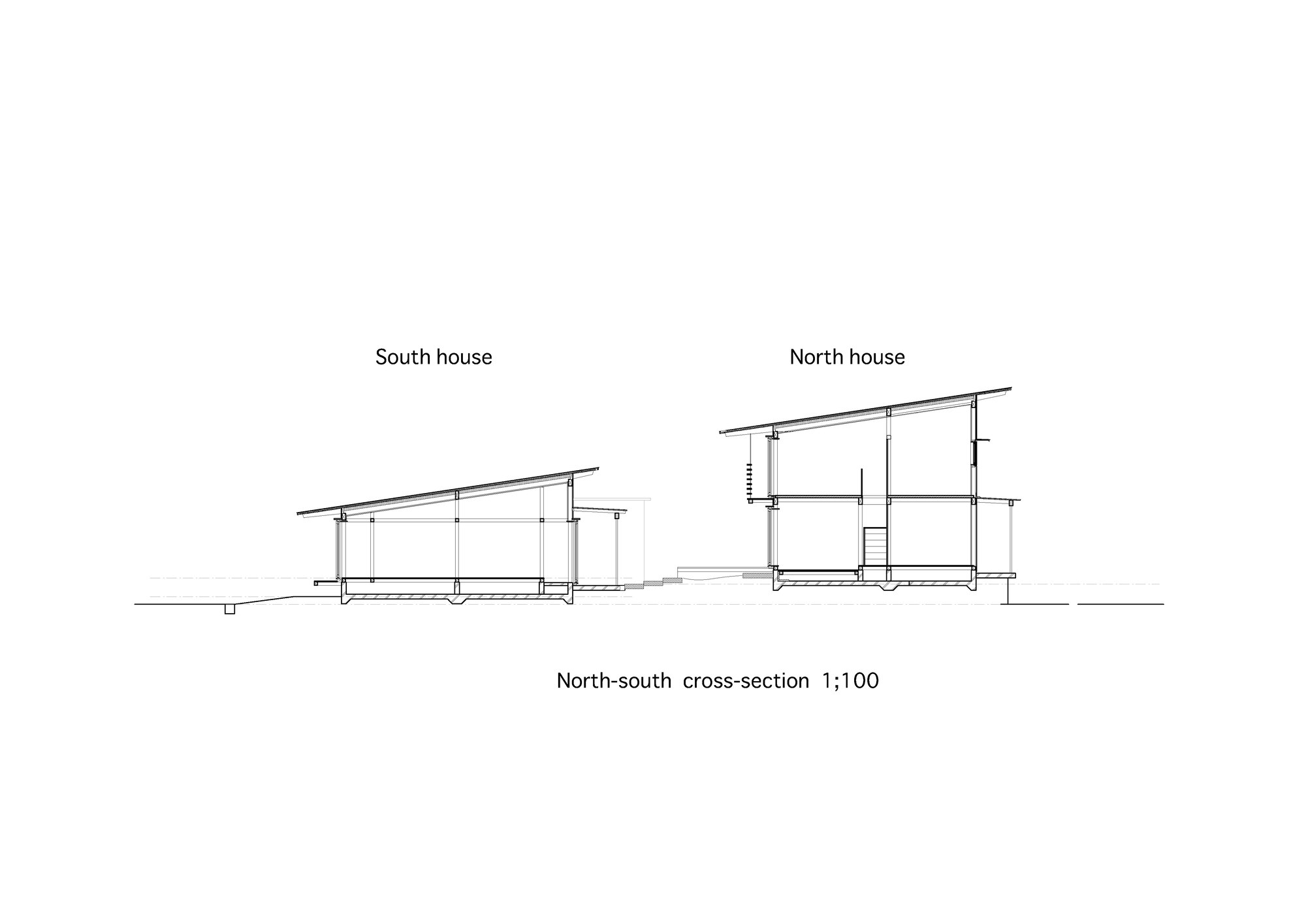 Cross-section drawing showing two sloped-roof volumes separated by an open courtyard space